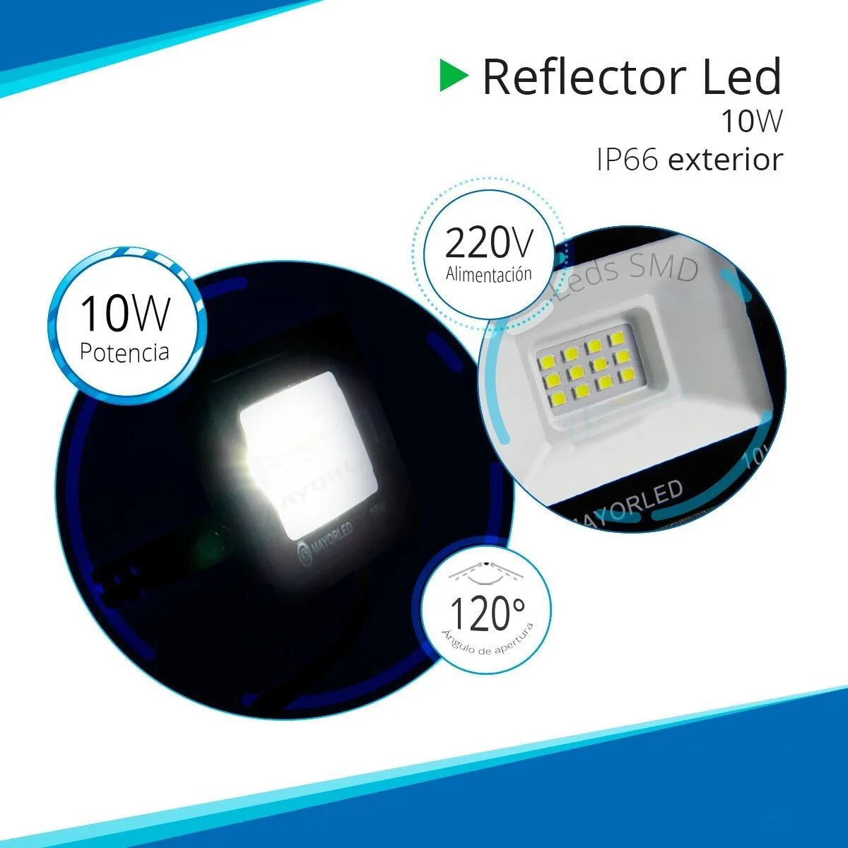 Reflector LED 10W 220V IP65 Blanco Frío Alta Potencia.