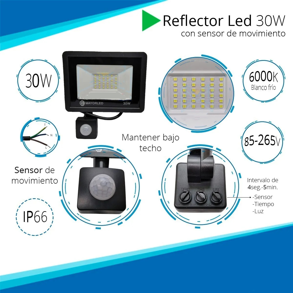 Reflector LED 30W Sensor Movimiento 220 Exterior IP66 Blanco