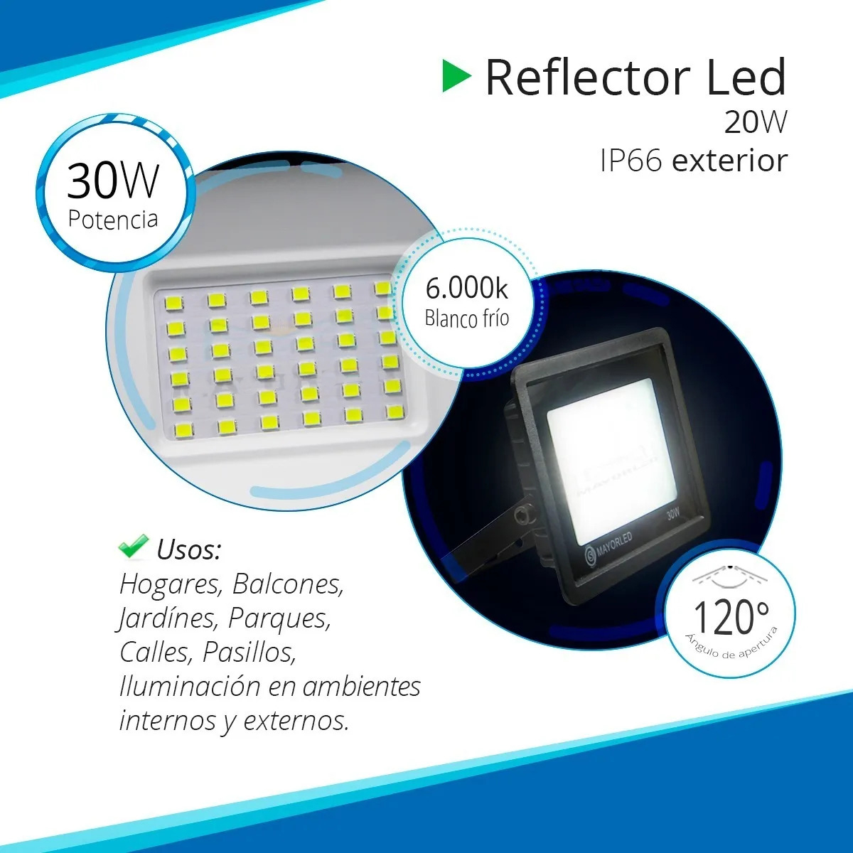 Reflector LED 30W 220V IP65 Blanco Frío Alta Potencia