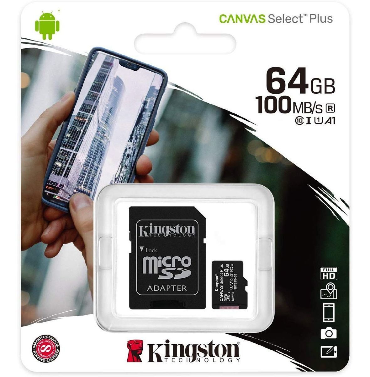 Memoria Kingston Micro SD 64 GB con Adaptador Clase 10.
