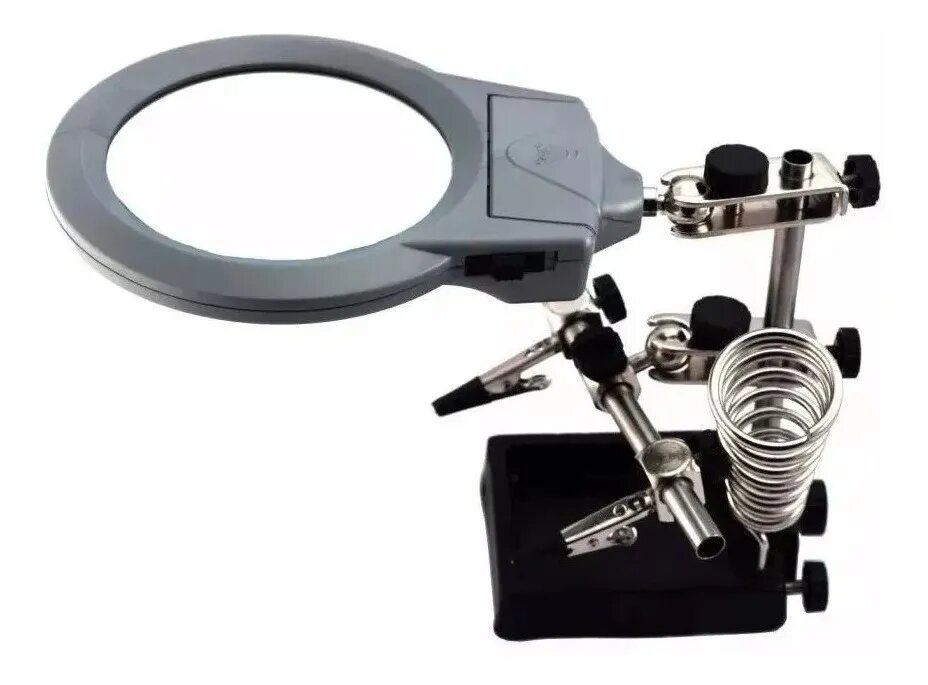 Soporte Soldador Con Lupa Regulable Luz Led Pinzas Cautín