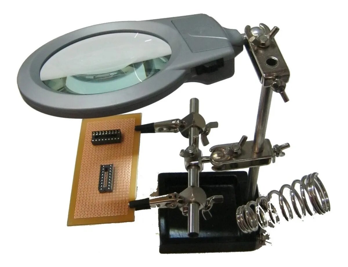 Soporte Soldador Con Lupa Regulable Luz Led Pinzas Cautín