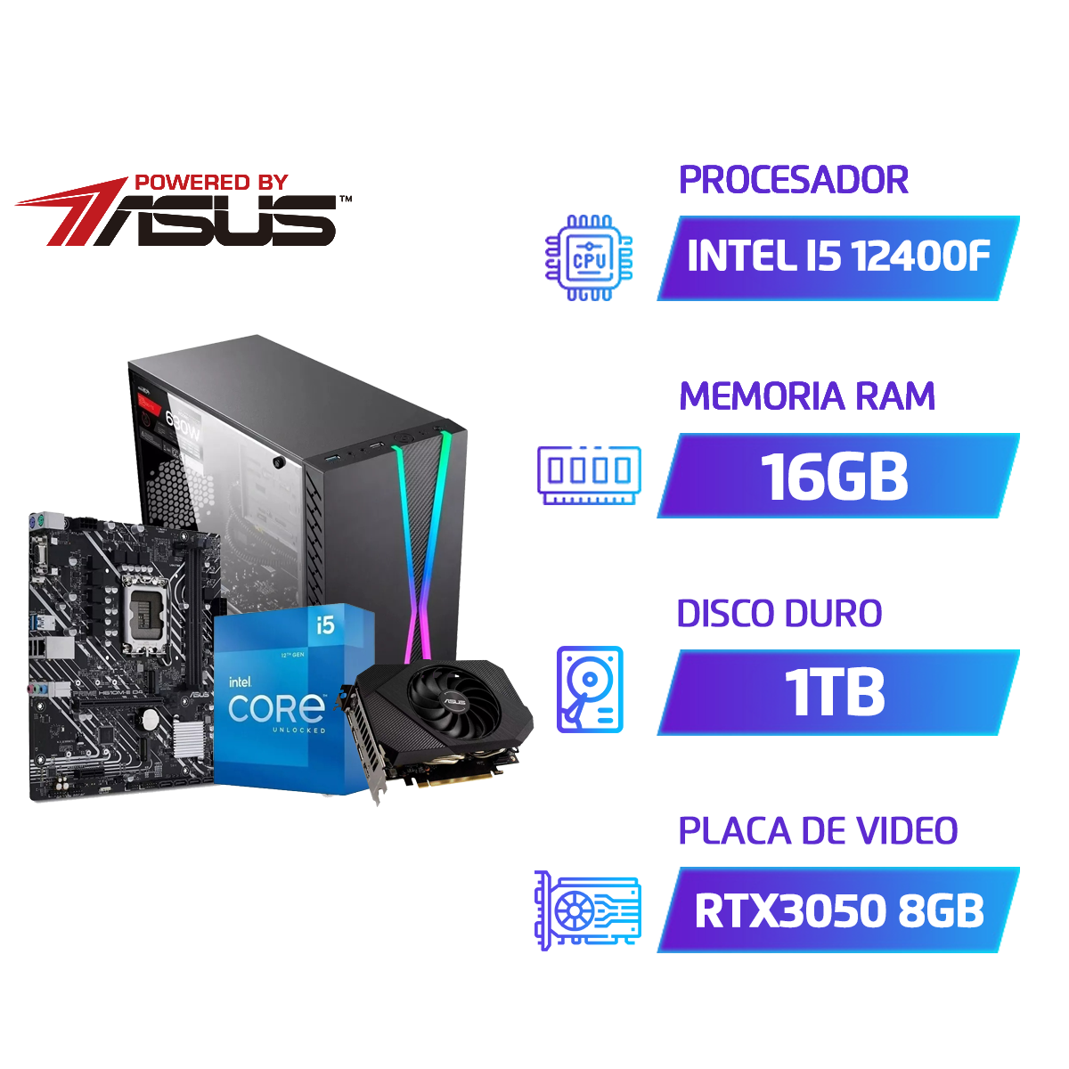 Intel I5 12400f 16gb Ssd 256gb 1tb Hdd 500w Bronze Ph 3050