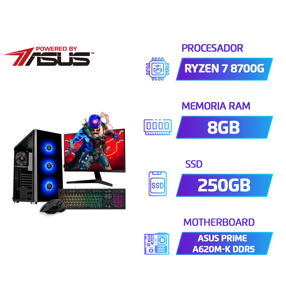 Pc Armada Ryzen 7 8700g Asus A620m-k Ddr5 8gb 250gb Ssd