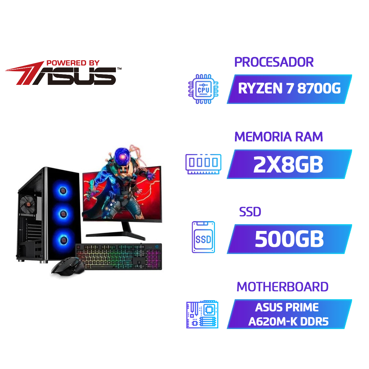 Pc Armada Ryzen 7 8700g Asus A620m-k Ddr5 2 X 8gb 500gb Ssd