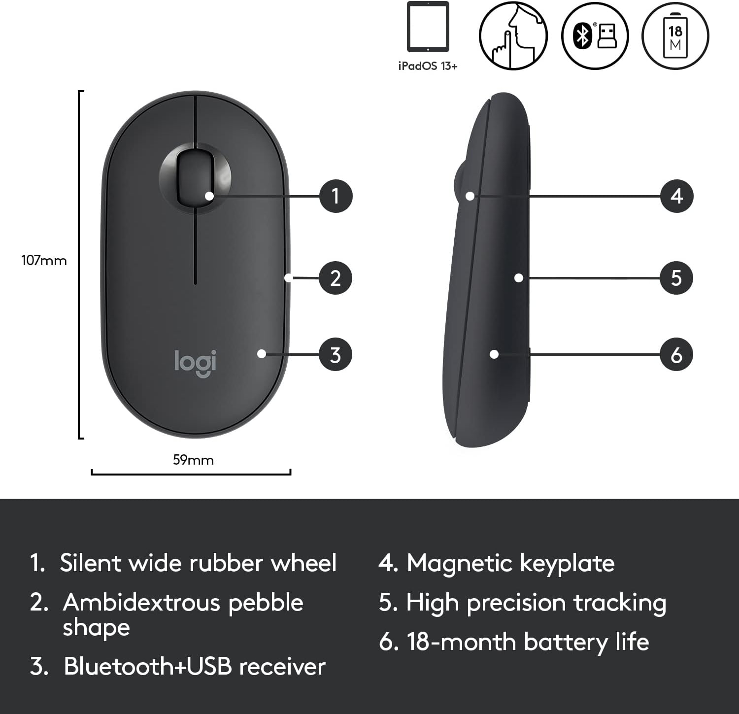Perifericos Mouse Bluetooth Logitech Pebble 2 M350S Graphite 910-007049