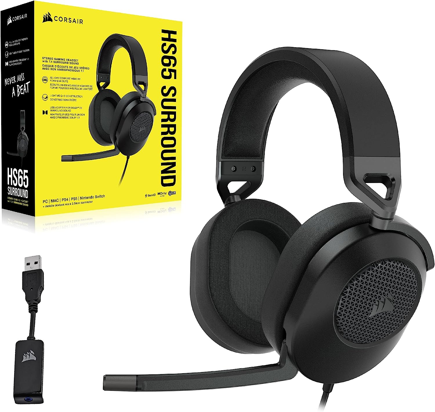 Perifericos Auricular Corsair HS65 Surround 7.1 Carbon Gamer CA-9011270-NA