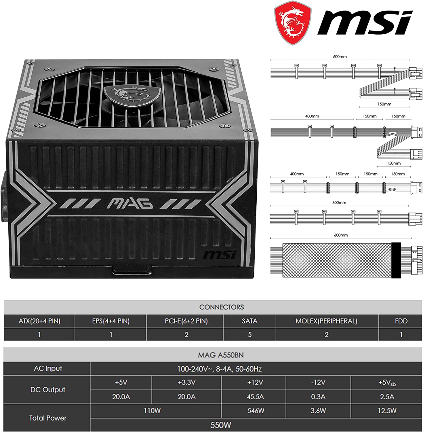 Fuente Certificada MSI MAG 550W 80 Plus Bronze A550BN