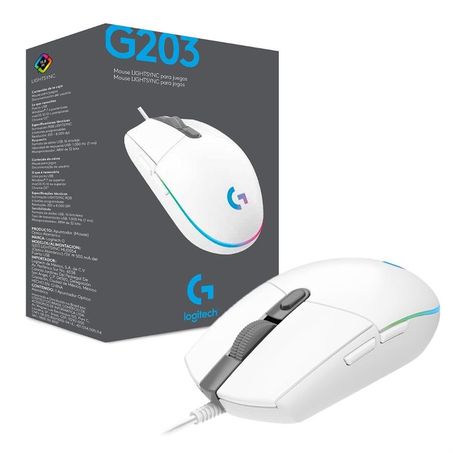 Periféricos Mouse Gamer Logitech Gaming Lightsync White 8000 DPI G203