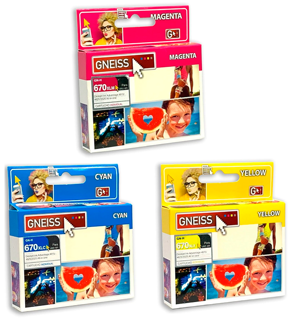 CARTUCHO TINTA GNEISS 670XL CYAN MAGENTA  AMARILLO  X UNIDAD