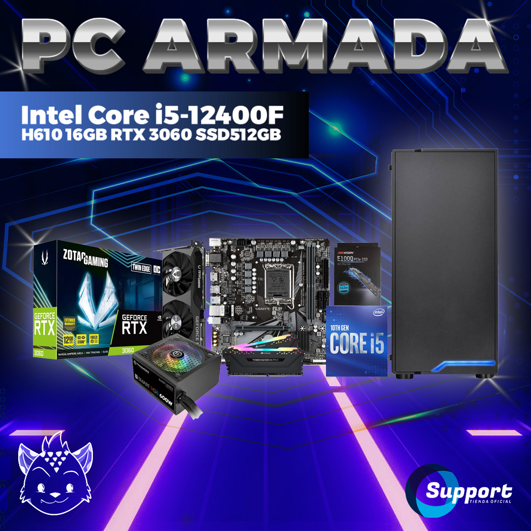 Pc Gamer Armada Intel Core i5 12400F H610 16GB RTX 3060 SSD512GB