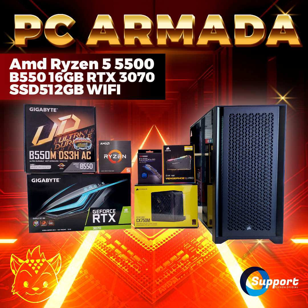 Pc Gamer Armada Amd Ryzen 5 5500 B550 16GB RTX 3070 SSD512GB WiFi